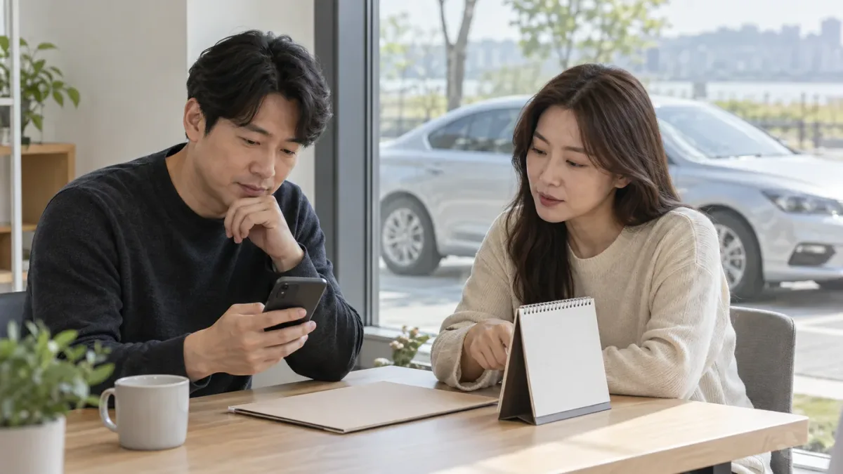 창밖에 주차된 차량을 두고 휴대전화와 탁상 달력을 함께 살펴보는 두 성인