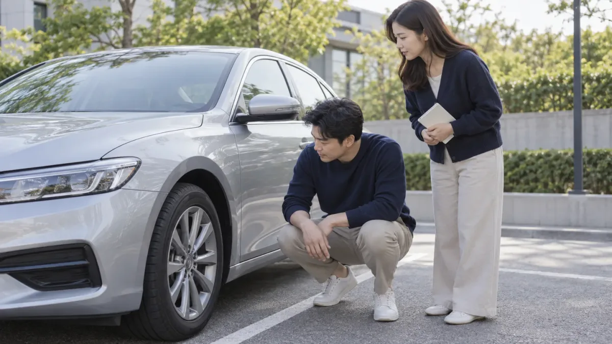 주차된 은색 자동차 앞바퀴를 함께 살펴보는 두 성인