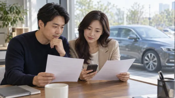 상담 자리에서 두 성인이 종이 자료와 휴대전화를 함께 살펴보는 장면