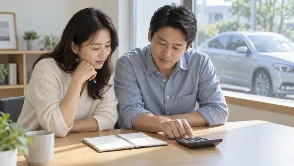 창밖에 차량이 보이는 테이블에서 계산기와 수첩을 함께 살펴보는 두 성인