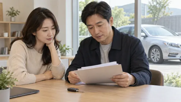 두 성인이 차량 열쇠가 놓인 상담 테이블에서 서류를 함께 살펴보는 장면