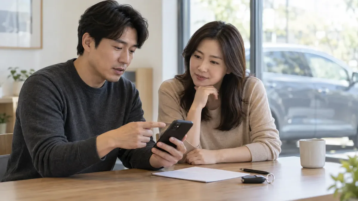 차량 열쇠가 놓인 테이블에서 두 성인이 휴대전화와 메모를 살펴보는 상담 장면