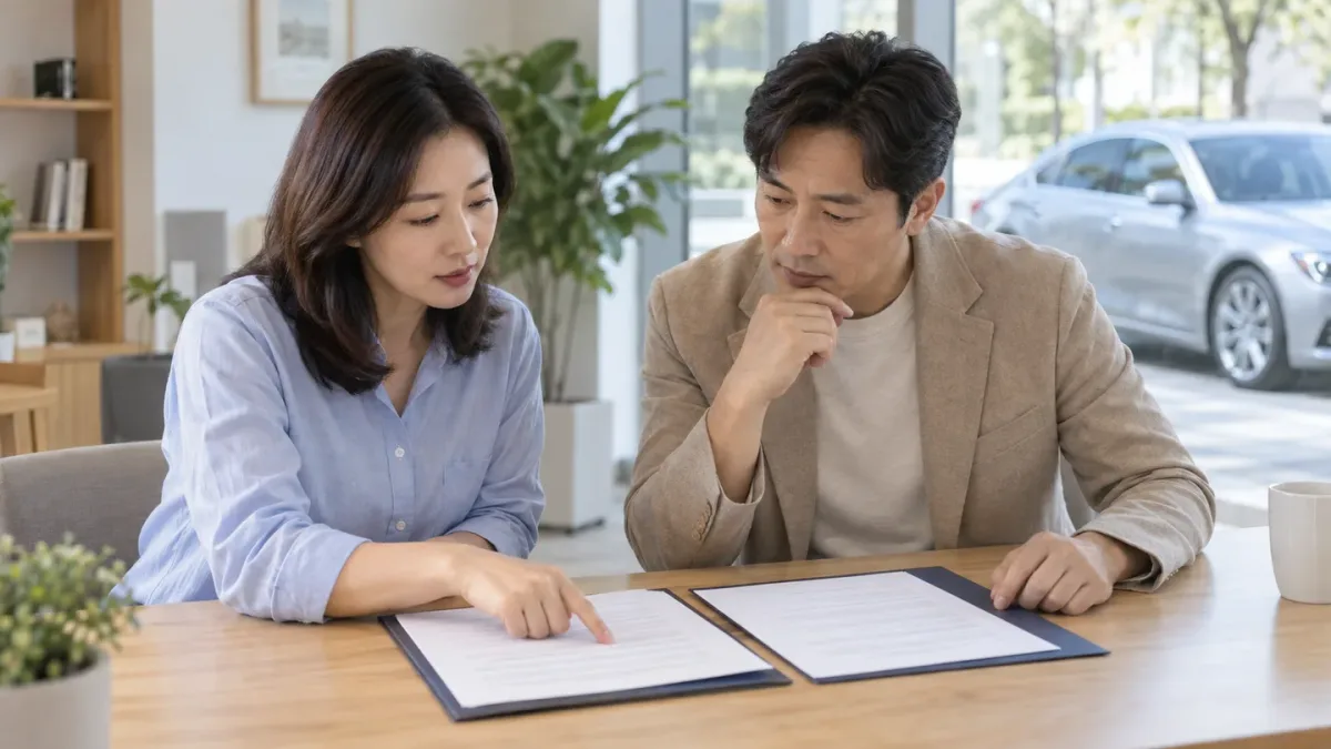 차량이 보이는 창가에서 두 종류의 자료를 나란히 놓고 살펴보는 두 성인