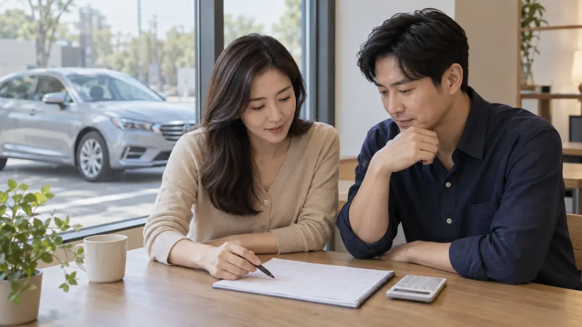차량이 보이는 창가에서 일정 메모와 계산기를 함께 살펴보는 두 성인