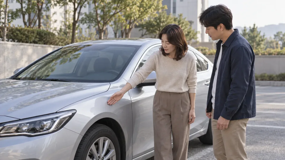 은색 차량 옆에서 앞쪽 외판을 가리키며 함께 살펴보는 성인 두 명
