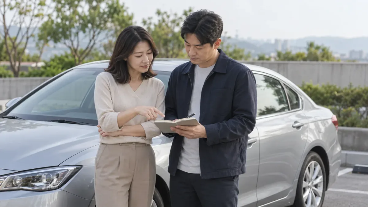 은색 차량 옆에서 작은 수첩을 함께 살펴보는 두 성인