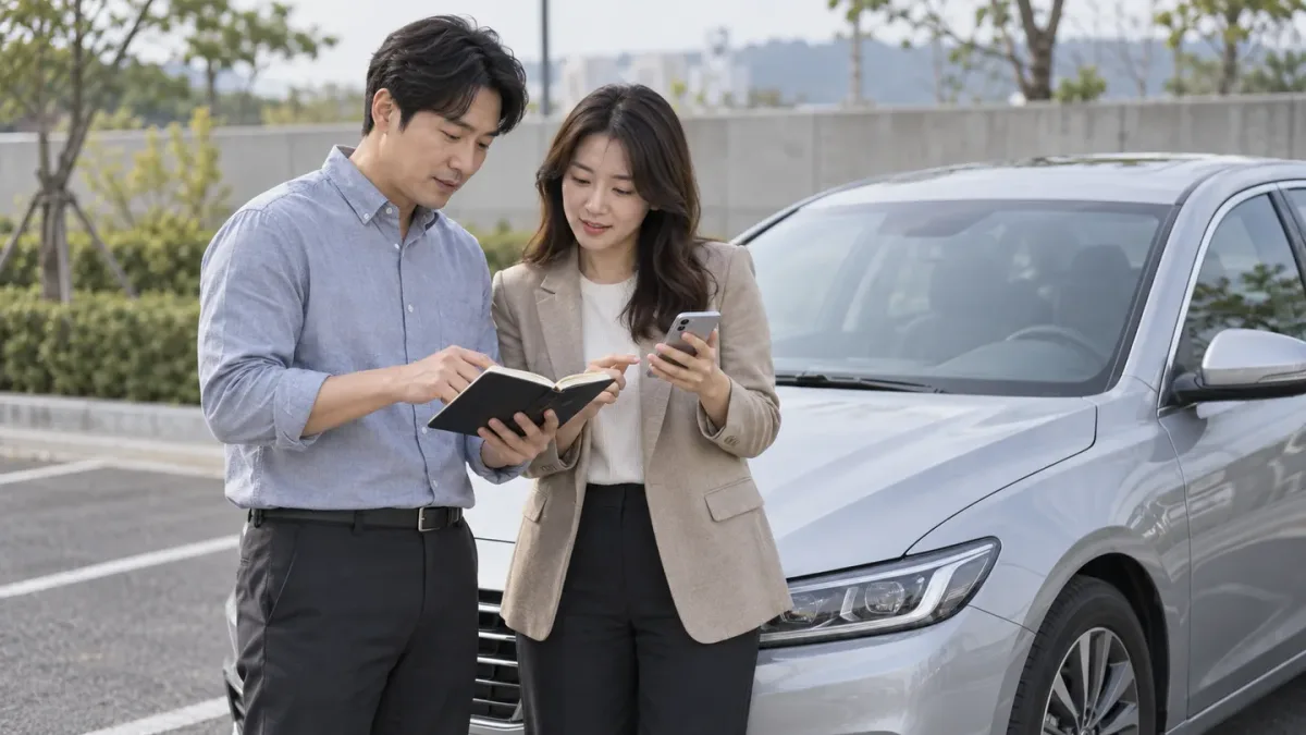 주차된 은색 자동차 옆에서 일정 수첩과 휴대전화를 살펴보는 두 성인