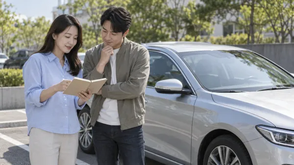주차된 은색 차량 옆에서 수첩을 함께 살펴보는 두 성인