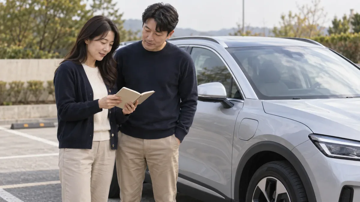 주차된 은색 전기차 옆에서 준비사항을 적은 수첩을 함께 보는 두 성인