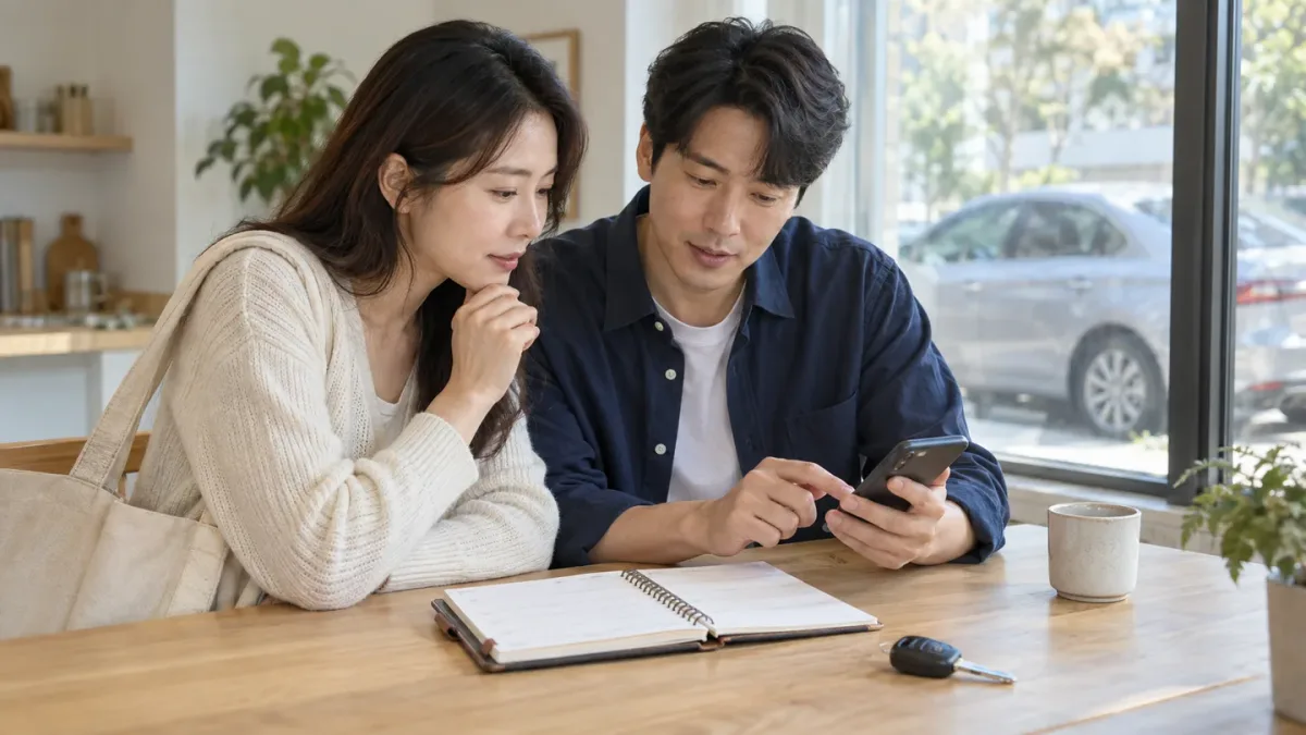 스마트폰과 일정 수첩을 함께 살펴보는 두 사람과 테이블 위 자동차 열쇠