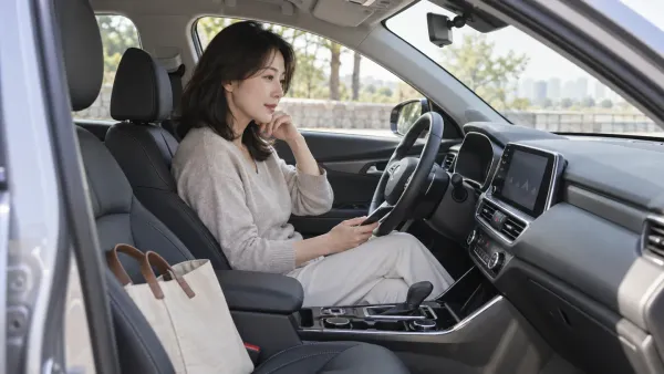 정차한 차량 안에서 휴대전화를 들고 차량 화면을 살펴보는 성인