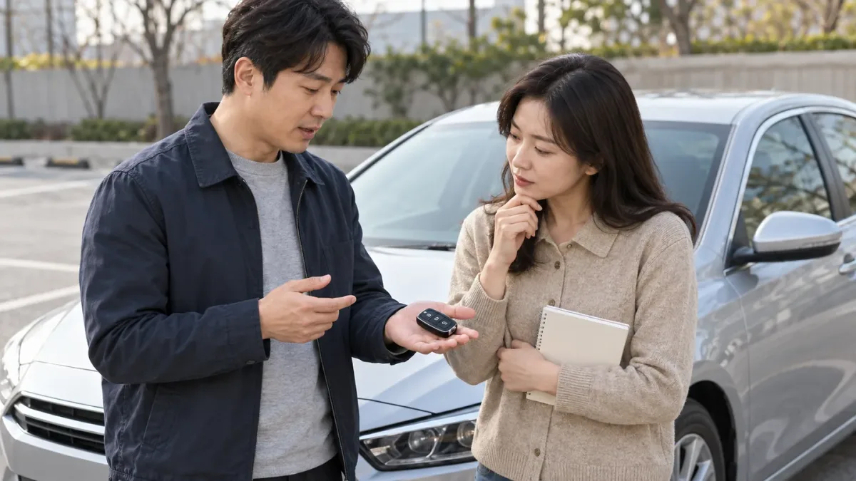 주차된 은색 자동차 옆에서 스마트키와 수첩을 살펴보는 두 성인