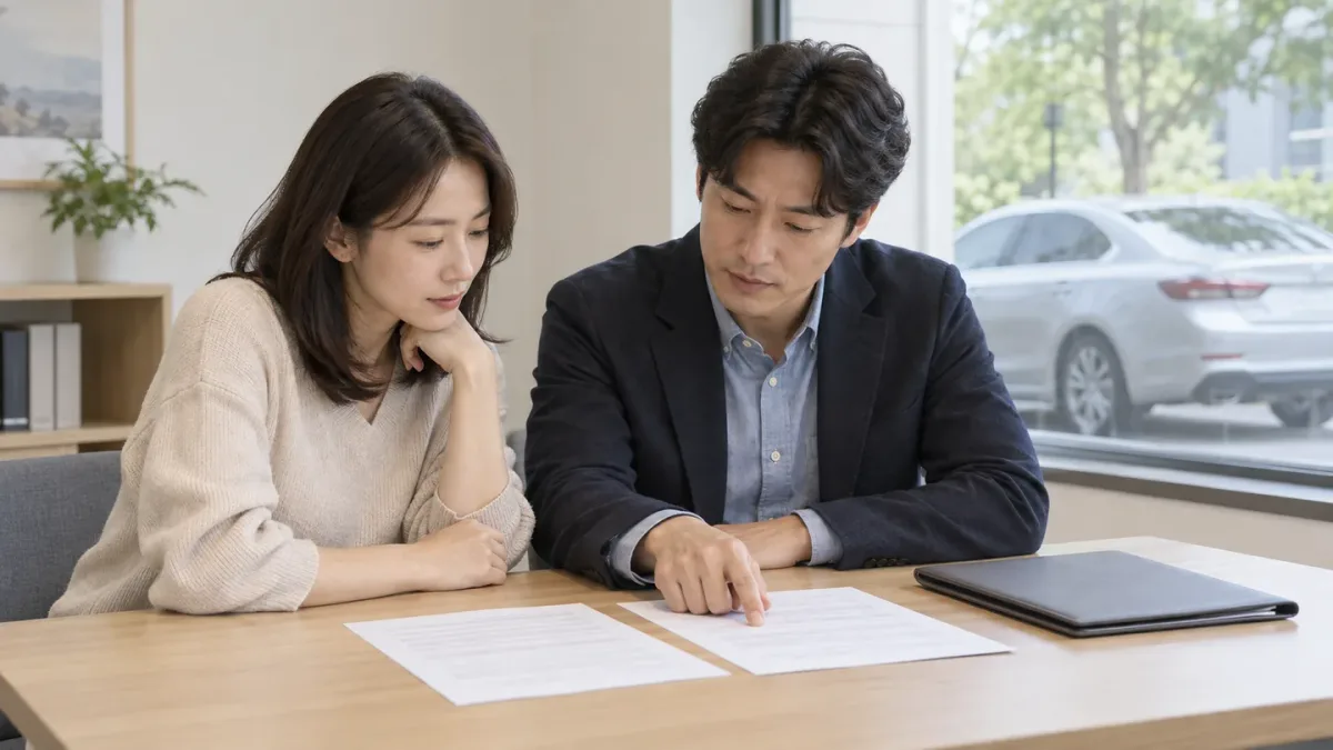 테이블에 앉아 차량 관련 서류를 함께 살펴보는 두 성인