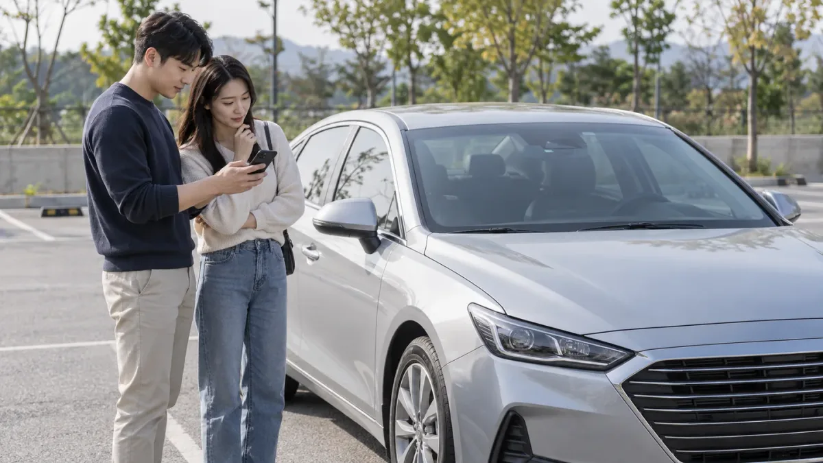 은색 차량 옆에서 휴대전화 화면과 차량을 함께 살펴보는 두 성인