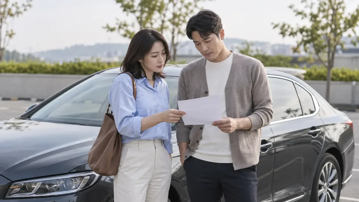 주차된 회색 승용차 옆에서 종이 안내를 함께 살펴보는 두 성인